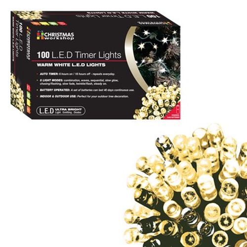 100 LED Timer Lights B/O (W-White)